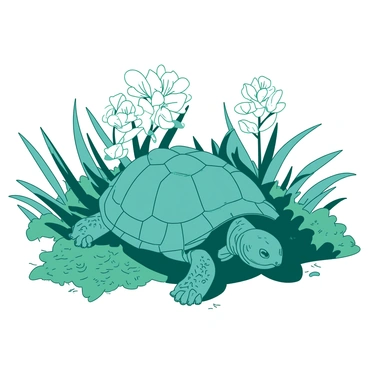 A teal small tortoise is wandering through a patch of white fynbos flowers and greenery. The tortoise carries a textured shell with a pattern of yellow and brown shades. Surrounding the tortoise, the fynbos is thriving, featuring slender leaves and delicate blooms in various stages of growth. Sunlight filters through the foliage, creating dappled shadows on the ground as the tortoise explores its vibrant environment.
