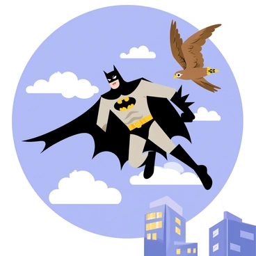 Batman wearing a dark cape is soaring through a blue sky filled with clouds. A falcon with sharp features and brown feathers is flying beside him. The sun casts shadows on the buildings below, providing a sense of height and action in the scene. Batman's intense gaze is focused forward as he glides effortlessly, while the falcon flaps its wings vigorously, matching his speed.