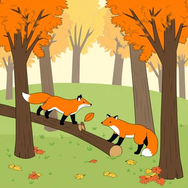 A temperate forest filled with tall, slender trees, their leaves transforming into vibrant shades of orange and yellow. Sunlight filters through the branches, creating dappled patterns on the forest floor. In the center, a family of three playful foxes is frolicking, each with bright orange fur and white-tipped tails. One fox is jumping over a fallen log, while another is playfully chasing after a fluttering leaf. The third fox is curiously sniffing around a patch of soft green grass, surrounded by clusters of fallen leaves that have collected in various colors. The scene is lively and filled with the charm of autumn.