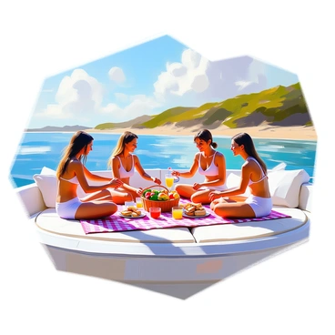 A small group of four people enjoying a picnic on a luxurious yacht. One person is spreading a checkered picnic blanket on the deck, while another is unpacking a wicker basket filled with fresh fruits, sandwiches, and drinks. A third person is pouring lemonade into glasses, and the fourth is seated, smiling and looking out toward the coastline in the background. The coastline features sandy beaches and lush green hills, and the sky above is clear with a few fluffy clouds. The sunlight glistens on the water, creating a warm and inviting atmosphere.