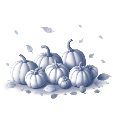 A harvest scene featuring an array of pumpkins in various sizes and shapes scattered across the ground. The pumpkins exhibit textures and natural imperfections, showcasing their seasonal bounty. Surrounding the pumpkins are numerous leaves that have fallen from the trees, indicating the autumn season. The leaves vary in shape and are arranged in a way that suggests movement, as if they have just been blown off the trees by a gentle breeze. The overall composition evokes a sense of abundance and the transition of nature through the autumn months.