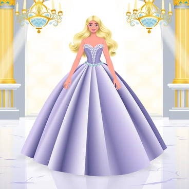A Barbie doll with long blonde hair styled in elegant curls is standing gracefully in a grand ballroom. She is wearing a luxurious ballgown made of flowing, shimmering fabric in shades of lavender and silver, adorned with delicate lace and sparkling rhinestones. The gown has a fitted bodice and a full, lavish skirt that cascades down to the floor. Surrounding her are opulent crystal chandeliers casting soft light, and the walls of the ballroom are decorated with rich, golden details. The floor is polished marble, reflecting the elegance of the gown and the intricate patterns of the ballroom decor.