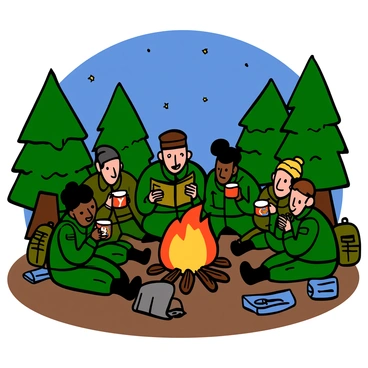 A group of soldiers with diverse skin tones and hairstyles are seated in a semi-circle around a glowing campfire. The flames flicker brightly, casting warm light on their attentive faces. One soldier, wearing a green camouflage uniform and a brown hat, is animatedly telling a story. The others have expressions of fascination, with some leaning in closer. The night sky above is dotted with stars, and trees surround the campsite, creating an intimate atmosphere. Some soldiers are holding mugs, and small packs lie scattered on the ground nearby.