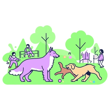 A borzoi is playfully interacting with several other dogs in a park. The borzoi stands tall, its long, elegant body covered in flowing fur, with its distinct narrow head and long snout. Nearby, a small brown dog jumps excitedly, while a golden retriever runs alongside, wagging its tail. In the background, vibrant green trees create a natural boundary, and a few people are seated on benches watching the dogs play. The grass is well-maintained, and there are colorful toys scattered around where the dogs can frolic.