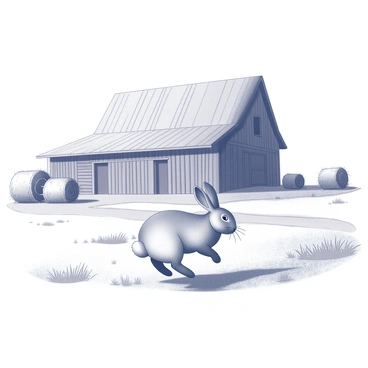 A rabbit is hopping across a rustic farmyard. The farmyard features a dirt path and patches of grass scattered throughout. In the background, there is a large barn with a gabled roof. The barn has a weathered appearance, with wooden planks showing signs of age. There are a few scattered hay bales nearby, adding to the farm setting. The sky is clear, allowing for natural light to illuminate the scene.