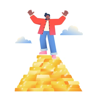 A person with medium brown skin and short curly hair is standing triumphantly atop a mountain made of shiny gold coins. The person is wearing a red jacket and blue jeans, with their hands raised in victory. The mountain of coins glistens in the sunlight, creating a bright and reflective surface. In the background, a clear blue sky is visible, and a few fluffy white clouds drift by. The scene conveys a sense of achievement and celebration.