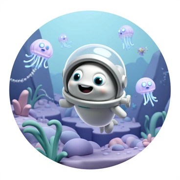 A cartoon fish, wearing a shiny silver astronaut suit complete with a clear helmet, is swimming through an alien ocean. The ocean is filled with vibrant colors, featuring swirling purple waters and bright green seaweed. Strange, luminescent jellyfish float gracefully around the fish, casting a soft glow. The fish has large, expressive eyes and a wide smile, showing its excitement as it explores this otherworldly environment. In the background, unique rock formations and unusual aquatic plants are visible, adding to the alien landscape.