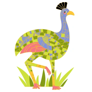 A mosaic artwork featuring a vibrant cassowary composed of various colored tiles. The cassowary has a bright blue neck and a striking yellow wattle, with intricate patterns created from small squares and triangles. The background of the mosaic is filled with shades of green and brown, resembling a tropical forest floor. The tiles are arranged to create depth and texture, highlighting the unique features of the bird, such as its large, curved casque on top of its head.