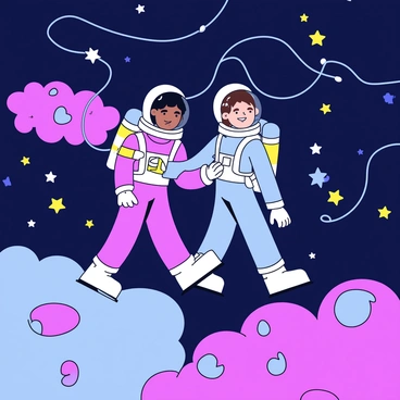 Two astronauts in space suits are walking side by side, following a winding trail of stars that sparkles in the darkness of the galaxy. The background is filled with vibrant colors, showcasing swirling clouds of pink, blue, and purple nebulae. Each astronaut has a glowing helmet that reflects the colors of the galaxy around them. They are floating gently, with their space boots barely touching a small asteroid that they have landed on, and the stars illuminate their path ahead.