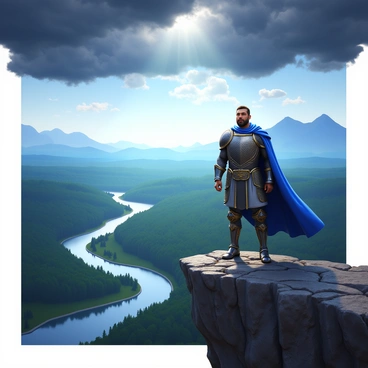 A powerful image depicting a lone warrior standing atop a rugged cliff. The warrior is clad in ornate armor, with a flowing cape billowing in the wind. Below, a vast landscape stretches out, featuring a winding river and dense forests. The sky above is filled with dark storm clouds, with a single ray of sunlight breaking through, illuminating the warrior's determined expression. In the background, a distant mountain range looms, adding to the sense of grandeur and adventure.