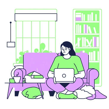 A person is sitting on a comfortable sofa in a living room, visibly emotional while listening to music. The person has tears streaming down their face, reflecting a deep emotional connection to the music. In front of them, an open laptop is playing the music, with a faint glow illuminating their features. Various cushions are scattered around, and a small side table holds a steaming cup of tea. The walls are adorned with framed pictures and a tall bookshelf filled with books is seen in the background. A large window lets in natural light, casting soft shadows in the room.
