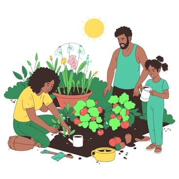 A diverse group of people is working together in a green community garden to plant vegetables. There is a woman with curly black hair wearing a yellow shirt kneeling in the soil, planting seedlings. Next to her, a man with short brown hair in a teal tank top is holding a small shovel, digging a hole for another plant. A child with pigtails stands nearby, holding a watering can, ready to help water the newly planted vegetables. In the background, various colorful vegetable plants such as tomatoes and peppers are visible, along with garden tools scattered around. The sun is shining brightly above, creating a warm and inviting atmosphere.