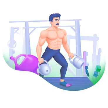 A close-up of an individual with a determined expression, focusing on their form while preparing for a kettlebell deadlift. The individual has a strong posture, with their feet firmly planted on the ground for great balance. They are gripping a shiny, metallic kettlebell with both hands. In the background, there are blurred gym equipment and a textured mat, emphasizing the workout environment. The lighting highlights the individual's muscles, showcasing their dedication and concentration.