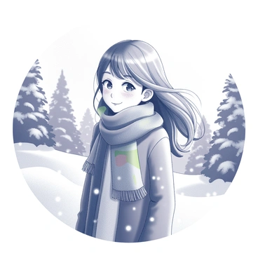 A girl standing against a snowy backdrop. She is wearing a scarf, which appears vibrant, wrapped around her neck. Her hair is flowing gently in the cold breeze, and she has a warm smile on her face. The snow covers the ground and the trees in the background, creating a blanketed landscape. Flakes are softly falling around her, adding to the winter atmosphere.