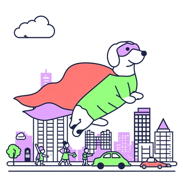 A dachshund dressed as a superhero is soaring through the sky above a bustling city. The dog is wearing a vibrant red cape that billows behind it, and a blue mask that covers its eyes. Below, the cityscape is filled with tall buildings featuring large windows and busy streets with tiny cars. People can be seen walking on the sidewalks, and some are looking up, pointing at the flying dachshund. In the distance, a few clouds float lazily in the bright sky.