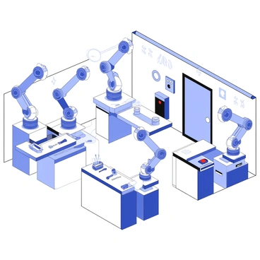 A robotics lab is filled with various mechanical arms mounted on adjustable stands. The arms have intricate joints and tools attached, showcasing their capability for diverse tasks. Blinking lights of different shapes and sizes are scattered around the room, some indicating power status while others signal active processes. In one corner, there is a large, locked exit door, which features a digital keypad next to it, displaying a red light, indicating it is currently secured. The room is equipped with various workstations, each cluttered with tools and parts for robotic assembly.