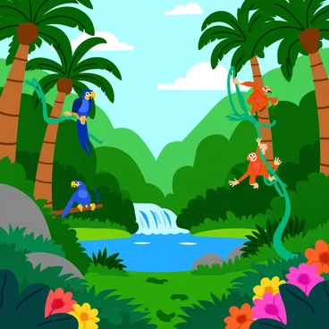 A vibrant jungle scene filled with lush greenery, featuring tall palm trees and dense foliage. Various exotic animals are present, including a bright blue parrot perched on a branch, a playful orange monkey swinging between the trees, and a sleek green snake coiled around a thick vine. The ground is covered with a rich carpet of ferns and colorful flowers. Rays of sunlight filter through the leaves, creating dappled patterns on the forest floor. In the background, a small waterfall cascades into a clear pool, adding to the lively atmosphere.