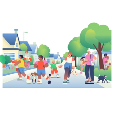 A peaceful suburban street is lined with houses that have well-manicured lawns and flower beds. In the foreground, a group of children is playing tag, their laughter audible as they chase each other. They are dressed in colorful t-shirts and shorts, while a couple of kids are riding bicycles on the sidewalk. Nearby, a family is taking a leisurely walk, with a mother holding a small child’s hand and a father pushing a stroller. Trees with lush green leaves provide shade along the street, and a dog is happily wagging its tail as it walks alongside the family. Off to the side, some neighbors are chatting while tending to their gardens.