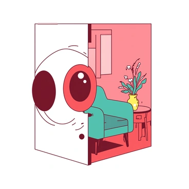 A large, exaggerated eye in shades of red is peeking through a keyhole. The keyhole is situated on a bright white door. Through the keyhole, a cozy room is visible, featuring a teal armchair and a small wooden table. The table has a vibrant yellow vase with flowers resting on it. The scene captures a sense of curiosity, with the eye intently focused on the colorful interior.