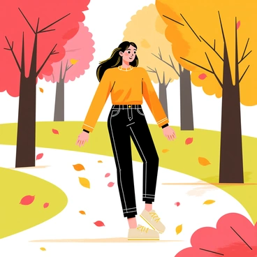 A woman with long, flowing brown hair is walking through a park. She is wearing a cozy orange sweater and dark jeans. The park is filled with tall trees, their leaves in shades of red, orange, and yellow, falling gently to the ground. The path is covered with a colorful carpet of autumn leaves. Sunlight filters through the branches, casting dappled shadows on the ground. The woman has a serene expression as she takes in the beauty of the changing season.