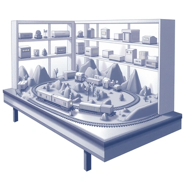 An intricate model train set is displayed on a large table within a room. The set features several miniature trains, each detailed with various designs, winding through carefully crafted landscapes. There are small hills, trees, and buildings that create a vibrant scenery surrounding the tracks. The room has shelves on the walls filled with train-related memorabilia and model kits, while soft light illuminates the entire scene, enhancing the intricate details of the train set and surrounding elements.