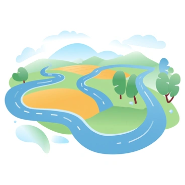 An aerial view showcases a river system branching out like veins across a vibrant landscape. The rivers are depicted in rich shades of blue, winding their way through lush greenery and fields. The land surrounding the rivers is a blend of various gradients of green, interspersed with patches of golden farmland. There are gentle hills rolling in the background, contrasting the flowing lines of the water with their soft curves. Faint outlines of trees and clusters of vegetation dot the landscape, enhancing the natural beauty of the scene.