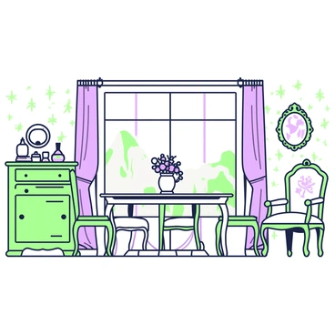 A room filled with antique furniture creates a nostalgic atmosphere. In the center, there is a large wooden dining table surrounded by intricately carved chairs. A delicate porcelain vase sits on the table, filled with fresh flowers. To one side, an ornate sideboard holds various trinkets and collectibles, while an antique armchair with a floral pattern is placed nearby for relaxation. The large window lets in natural light, and it is adorned with sheer curtains that softly flutter. The walls are covered in a unique wallpaper with a delicate pattern, enhancing the vintage feel of the space.
