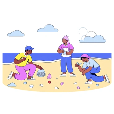A group of three volunteers is collecting microplastics from a sandy beach. One volunteer kneels down, using a small scoop to gather tiny plastic particles from the sand. The second volunteer stands nearby, holding a clear bag filled with collected microplastics, and the third volunteer is crouched down, examining the sand closely with a magnifying glass. The beach has gentle waves lapping at the shore, and there are scattered seashells visible in the sand. The sky is clear with a few fluffy clouds.
