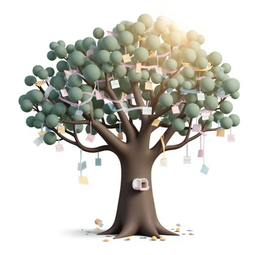 A large, majestic tree with a thick trunk and wide, spreading branches. The tree is covered in vibrant, colorful ribbons tied around the branches, fluttering gently in the breeze. Attached to the ribbons are numerous small notes in various colors, each inscribed with different wishes from people. The notes are made of different types of paper, some with decorative patterns, and they hang at various lengths across the tree. The ground around the tree is carpeted with fallen leaves and a few scattered notes that have slipped from the branches. The scene is illuminated by soft, warm light filtering through the leaves, casting gentle shadows on the ground.