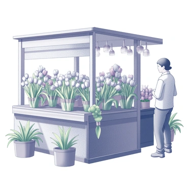 A market stall filled with an abundant display of "bouquets of rare tulips." Each bouquet features multiple tulips with unique shapes and textures, arranged in an eye-catching manner. The stalling structure is made of wood with a weathered finish. Surrounding the stall are various green plants in pots, adding to the natural ambiance. The scene conveys a bustling marketplace atmosphere with customers admiring the vibrant flowers.