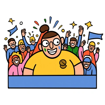 A fan with light skin and big eyes is smiling broadly, showing enthusiasm. Their face is adorned with colorful face paint in the team’s colors of blue, red, and yellow, creating vibrant patterns on their cheeks and forehead. The fan is wearing a matching team jersey that features the team logo prominently. They are in a lively stadium environment with cheering crowds in the background, all immersed in the excitement of the game.