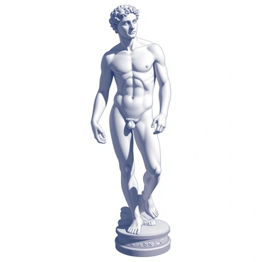 A marble sculpture of a male figure representing Adam. The figure stands in a relaxed pose, showcasing muscular anatomy with intricate details carved into the marble. The head is tilted slightly as if in contemplation, with carefully rendered facial features that reflect both strength and grace. The arms are positioned elegantly, with one reaching outward while the other rests at the side. The texture of the marble captures the play of light and shadow, emphasizing the contours of the body and the smoothness of the skin. The base of the sculpture is adorned with subtle carvings that enhance the overall composition.