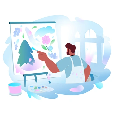 An artist is focused on an expansive illustration board. The artist is wearing a paint-splattered apron and is holding a large brush, applying vibrant colors to the mural. The mural features a variety of nature elements, such as a large tree, flowers in different shades, and abstract patterns flowing throughout. Paint cans and brushes are scattered around the artist, and a palette with a mix of colors is placed beside them. The background shows a bright studio filled with natural light.