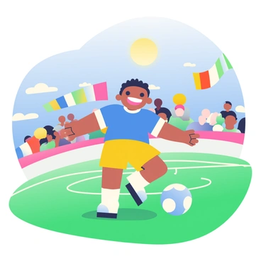 A flat-faced character with a large smile and big round eyes is on a vibrant green soccer field. The character is wearing a bright blue jersey and yellow shorts. Their arms are stretched out in excitement as they kick a white soccer ball that is rolling towards the goal. Surrounding the field are colorful banners fluttering in the wind, and in the background, there are spectators cheering enthusiastically. The sun is shining brightly in a clear blue sky above.