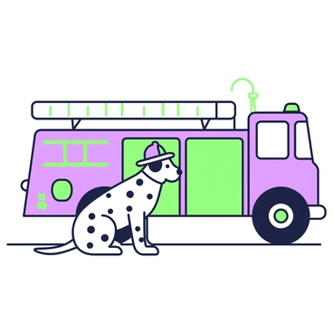 A dalmatian sits on the ground with its coat displaying distinctive black spots. The dog is wearing a small firefighter hat that fits snugly on its head. In front of the dalmatian, a large fire truck is parked, showcasing its ladder and equipment compartments. The truck has a prominent front grille and wheels, adding to its imposing presence. The background is clear, allowing the focus to remain on the dalmatian and the fire truck.