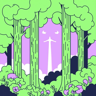 A dense forest filled with tall trees stretching upward, their trunks covered in green bark. The canopies form a thick layer of leaves, creating gaps that let light through. In these openings, a jet trail is visible, cutting across the blue sky above. The trail appears as a thin white line, contrasting with the green of the leaves. Various plants and underbrush are present on the forest floor, adding depth to the scene. A few birds can be seen flying between the branches, creating a sense of movement within the stillness of the forest.