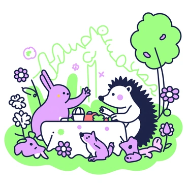 A hedgehog is hosting a garden party in a vibrant setting. The hedgehog, with its spiky quills, is sitting at a small table adorned with an assortment of treats such as berries and nuts. Around the table, there are several small forest animals, including a cheerful rabbit, a curious squirrel, and a wise-looking owl, all engaged in joyful conversation. The scene is filled with various flowers of different shapes and sizes, creating a lively and inviting atmosphere. Each flower has distinct petals and foliage, adding texture to the environment. Sunlight filters through the leaves of nearby trees, casting playful shadows on the ground.