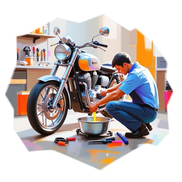 A mechanic with short dark hair and wearing a blue work shirt is focused on draining oil from a motorcycle. He is crouched down next to the bike, which is a classic cruiser model, and he is carefully pouring the used oil into a silver oil pan positioned underneath the engine. The motorcycle is supported on a lift, and various tools are scattered around him on the workshop floor. The background features shelves filled with motorcycle parts and tools, creating a detailed garage environment.