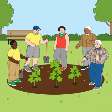 A diverse group of volunteers is actively engaged in planting small green trees in a community park. There are five volunteers: a young woman with dark skin wearing a bright yellow t-shirt, a middle-aged man with light skin in a blue cap and grey shorts, a teenager with curly hair and a green bandana around their neck, a woman with medium skin tone in a red tank top, and an older man with white hair and glasses dressed in a plaid shirt. Each volunteer is using a small shovel to dig holes in the dark brown soil. Around them, the park is filled with lush green grass and a few colorful flowers peeking through. A clear blue sky is overhead, and a wooden park bench is visible in the background.