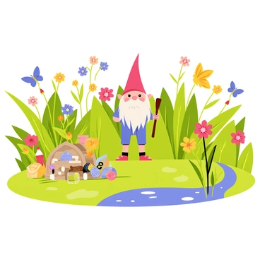 A whimsical garden scene filled with lush, vibrant greenery. In the center, a gnome with a red pointy hat and a white beard stands proudly, holding a small wooden staff. Next to him, a small, mysterious cache of trinkets is partially hidden under colorful flowers. The trinkets include shiny stones, a tiny key, and a delicate glass bottle. Various butterflies with bright colors flutter around the flowers, and a gentle stream flows through the garden, reflecting the sunlight.