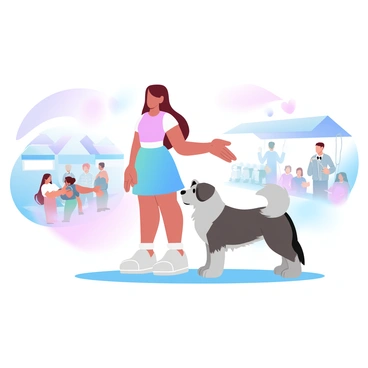 A girl is standing next to her dog at a local dog show event. The girl is wearing a colorful dress and has a confident posture, with one hand gently resting on her dog's back. The dog is a fluffy breed with a shiny coat, standing attentively beside her. Various dog show banners and a small audience can be seen in the background, with people holding leashes and taking pictures. The scene is filled with vibrant colors reflecting the excitement of the event.