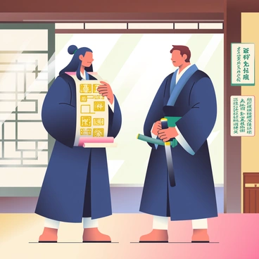 In a traditional dojo, two samurais are standing side by side, both dressed in dark blue and black hakama. One samurai, with long black hair tied in a topknot, holds a scroll in his hands, unrolling it carefully. The scroll is adorned with intricate gold patterns and ancient symbols. The second samurai, with short brown hair, is gazing intently at the scroll, his hand resting on the hilt of his katana. The dojo has wooden beams and tatami mats, with rice paper sliding doors in the background. Sunlight filters through the doors, casting soft shadows on the floor. On a nearby wall, there are several framed calligraphy pieces showcasing the virtues of honor and discipline.