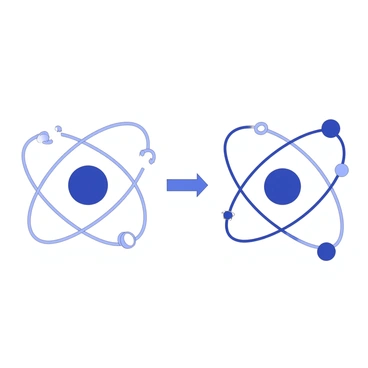 An atom is depicted at the center of the image, surrounded by its electrons. The atom's nucleus is clearly visible, consisting of protons and neutrons. On one side, the atom is in a stable state, with electrons evenly distributed in defined orbits around the nucleus. On the opposite side, the atom is shown in an ionized state, where one or more electrons are missing, illustrating the imbalance. Arrows or lines may indicate the movement of electrons from the stable to the ionized state, highlighting the contrast between the two states.