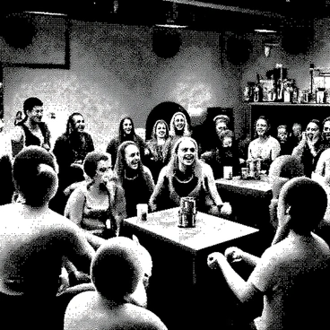 A lively tavern interior is filled with a diverse group of adventurers. There are men and women of varying ages and ethnicities, each engaged in animated conversation. Some are leaning over wooden tables, while others are standing with mugs raised, laughing heartily. The atmosphere is bustling, with a stone fireplace in the background, casting flickering shadows. Decorative shields and weapons adorn the walls. A bard in the corner is playing a lute, adding to the vibrant ambiance of camaraderie and storytelling.