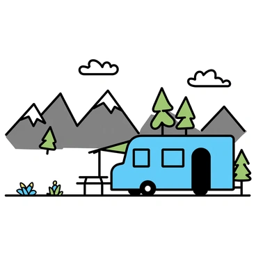 A motorhome, painted in a light blue color, is parked on a gravel surface overlooking a scenic mountain viewpoint. The mountains are tall with jagged peaks, partially covered in green trees, and some patches of snow on the highest points. In the foreground, there are a few wildflowers in vibrant colors. The sky is clear with a few fluffy white clouds scattered across it. The motorhome has large windows, and a foldable awning extended over the entrance. A small picnic table is set up beside the motorhome.