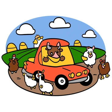 A 3D cartoon car with a cheerful expression is driving through a vibrant farm. The car is painted in bright red with yellow accents. Surrounding the car are several cute farm animals, including a brown cow, a white sheep, and a group of playful chickens. In the background, there are several large haystacks in golden yellow, and a green field stretches into the distance. The sky is blue with fluffy white clouds, adding to the lively atmosphere of the farm.