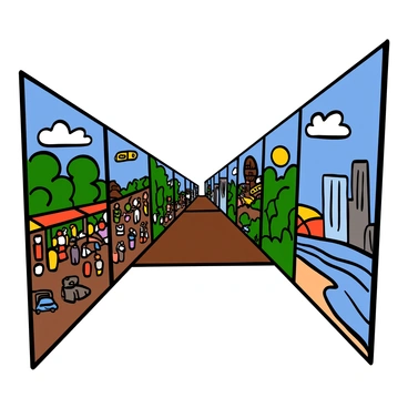 A long corridor with transparent walls, allowing clear views of various scenes from different times and places. On one side, a bustling medieval marketplace filled with people in period clothing, surrounded by stalls and vendors selling goods. On the opposite side, a futuristic cityscape with flying cars and towering glass buildings. In one section, an ancient forest with lush greenery and wildlife, while another section displays a serene beach at sunset, with gentle waves and palm trees. The floor of the corridor is made of polished wood, reflecting the vibrant colors of the scenes beyond the walls.