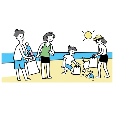 A group of three individuals is actively collecting plastic waste on a sandy beach. The first person, wearing a white t-shirt and blue shorts, holds a large trash bag filled with plastic bottles. The second individual, dressed in a green tank top and black swim trunks, is picking up a piece of plastic with a grabber tool. The third person, wearing a straw hat and sunglasses, is sorting through the collected waste, placing items into different bags. In the background, bright blue waves gently crash onto the shore, and the sun casts a warm glow over the scene.