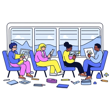 A tour bus interior featuring several artists at work. Each artist is focused on sketching the scenery outside the bus through the windows. The bus seats are upholstered in a simple fabric, and there are large windows allowing ample light to flood in. Scattered on the floor and seats are various art supplies, including sketchbooks, colored pencils, and markers. Some artists are using easels, while others have their sketchbooks in their laps. The scenery outside the bus is visible through the windows, showcasing trees and hills.
