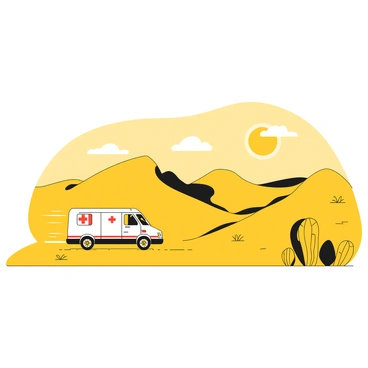 A medical transport van is driving across a vast desert landscape. The van is white with a prominent red cross symbol on the side. The sand dunes stretch out in the background, exhibiting varying heights and curves. Sparse vegetation, such as small cacti and dry shrubs, can be seen scattered across the sandy ground. The sky above is clear with no clouds, enhancing the brightness of the setting. The sun casts shadows from the van onto the sand, creating a striking contrast.